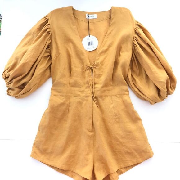 REVOLVE SWF Linen Romper Puff Sleeve V-Neck in Desert Gold NWT Feminine - Picture 4 of 8